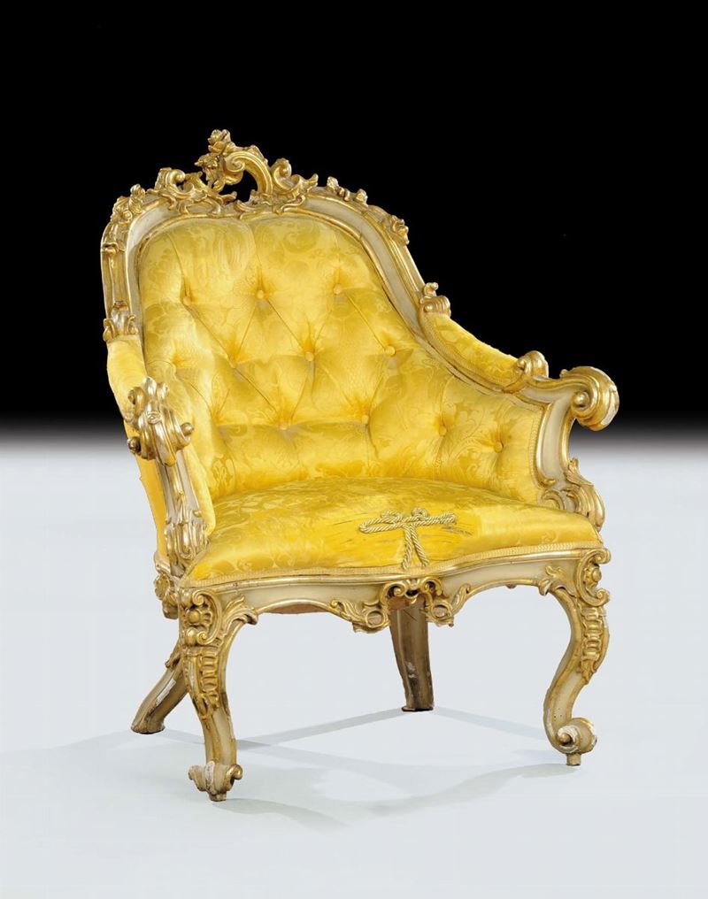 Bergere Luigi Filippo in legno intagliato e dorato a mecca, Napoli fine XIX secolo  - Asta Antiquariato, Argenti e Dipinti Antichi - Cambi Casa d'Aste