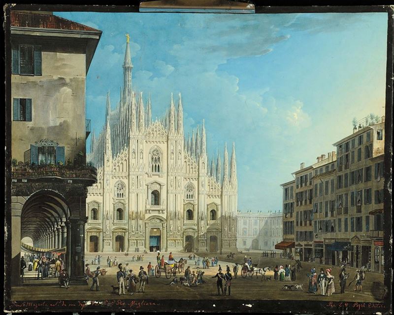Giovanni Migliara (1785-1837), attribuito a Veduta di piazza del Duomo a Milano  - Asta Dipinti del XIX e XX secolo - II - Cambi Casa d'Aste