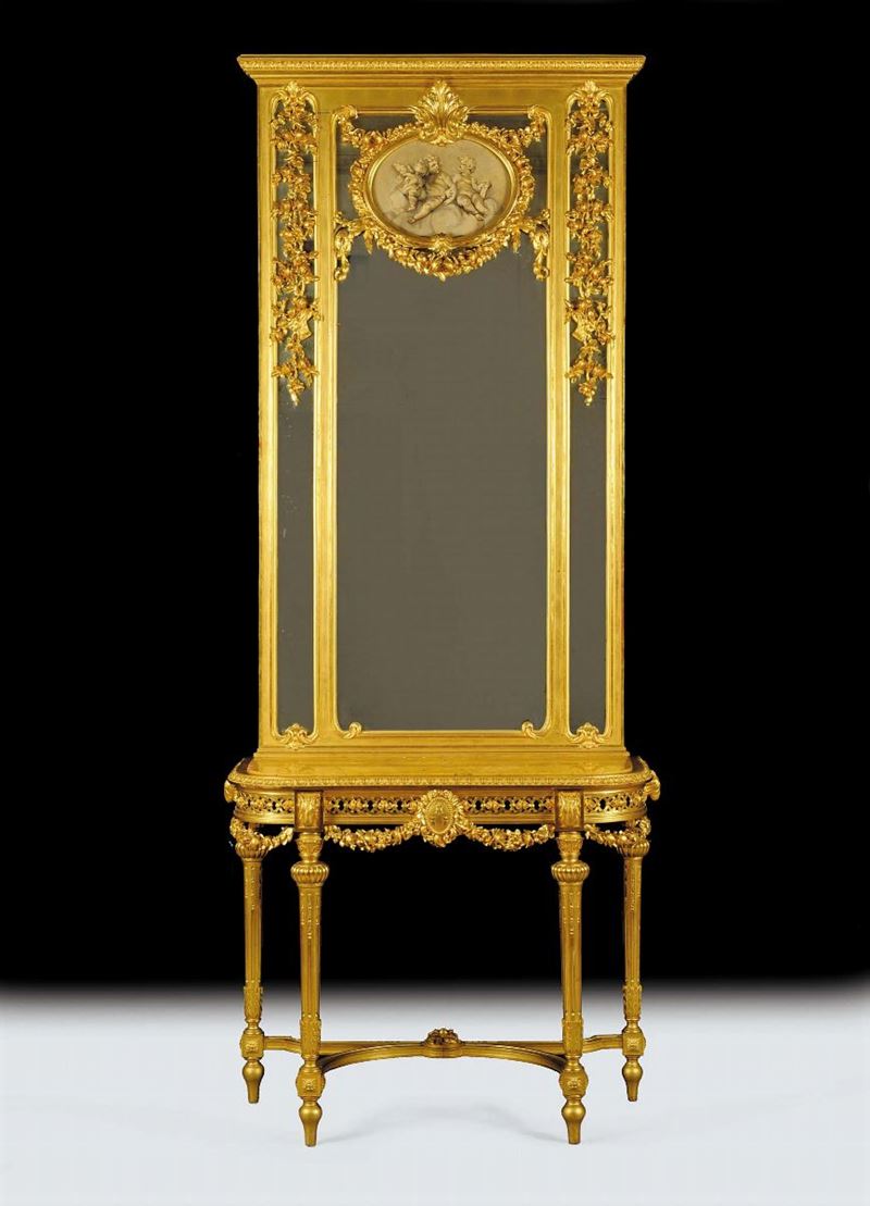Console in stile Luigi XVI con specchiera in legno intagliato e dorato, XIX secolo  - Auction Antiquariato, Argenti e Dipinti Antichi - Cambi Casa d'Aste