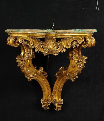 Console Ad Angolo in Stile Luigi XV in Legno Intagliato e Dorato, XIX Secolo