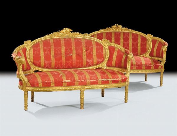 Salotto in stile Luigi XVI in legno intagliato e dorato, XIX secolo