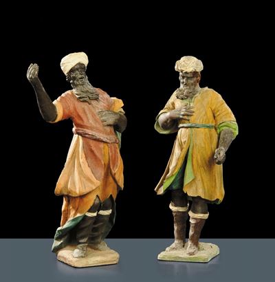 Coppia di Mori in Legno Intagliato e Dipinto, Venezia XIX Secolo