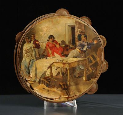 Tamburello Dipinto con Scena D'interno, Fine XIX Secolo