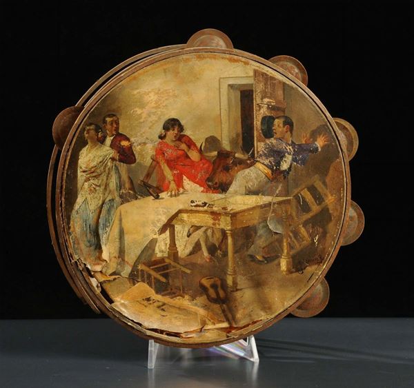 Tamburello dipinto con scena d'interno, fine XIX secolo
