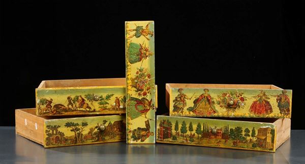 Cinque cassetti decorati in arte povera, Venezia inizio XIX secolo