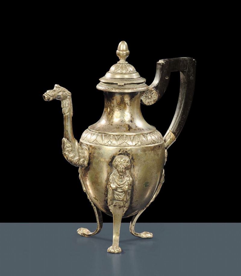 Caffettiera in argento di gusto Neoclassico con manico in legno ebanizzato, bolli dello Stato Pontificio  - Asta Antiquariato, Argenti e Dipinti Antichi - Cambi Casa d'Aste