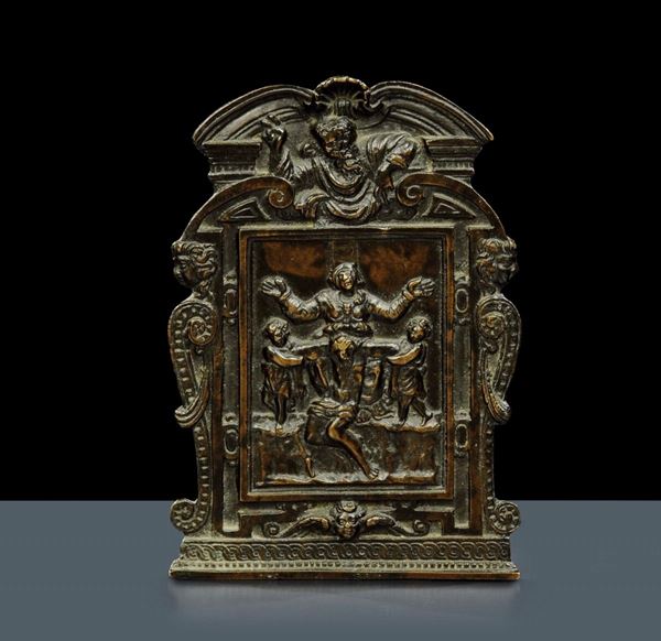 Pace in bronzo fuso e cesellato raffigurante Deposizione entro cornice architettonica, Padova XVI secolo