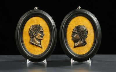 Coppia di Profili di Imperatori in Bronzo, XIX Secolo