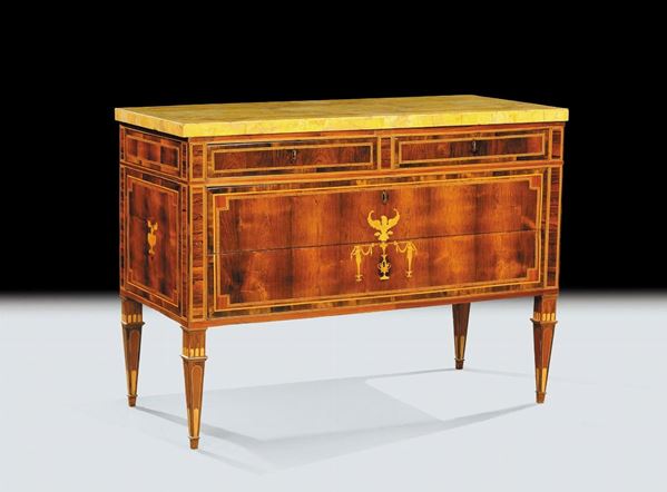 Cassettone Luigi XVI lastronato in palissandro ed intarsiato in legno di frutto, XVIII secolo