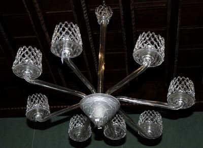 Lampadario a Otto Luci in Vetro di Murano Incolore, Epoca Deco