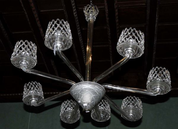 Lampadario a otto luci in vetro di Murano incolore, epoca Deco