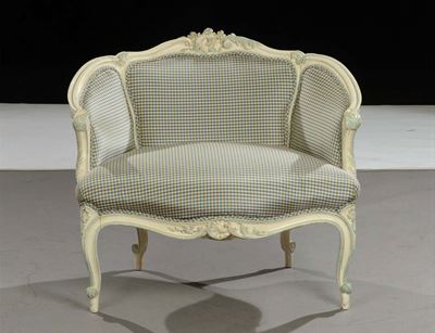 Poltroncina in Legno Intagliato e Laccato Bianco, XIX Secolo