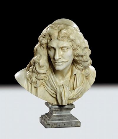 Busto in Marmo Bianco Raffigurante Moliere, XIX Secolo