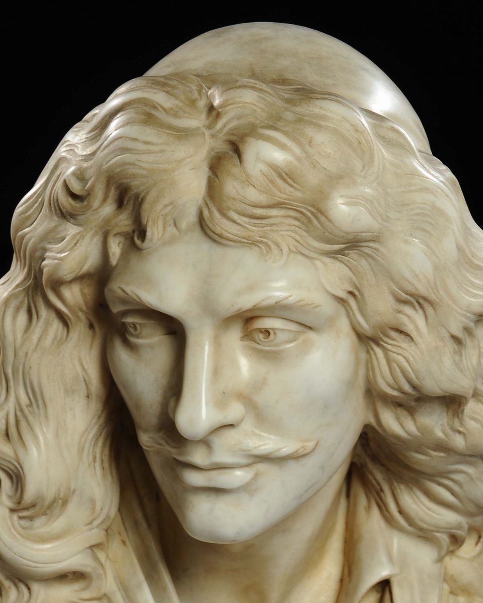 Busto in Marmo Bianco Raffigurante Moliere, XIX Secolo