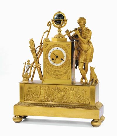 Pendola in Bronzo Dorato Raffigurante Apollo e Allegoria della Musica, Francia 1820 Circa