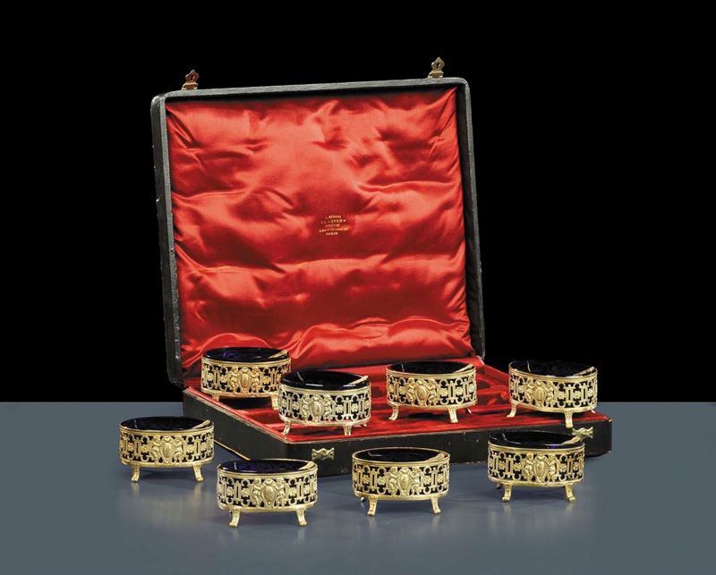 Set di otto saliere in argento e vetro, XIX secolo  - Auction Antiquariato, Argenti e Dipinti Antichi - Cambi Casa d'Aste
