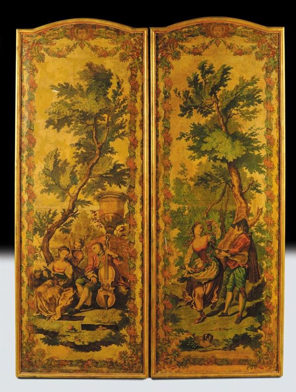 Coppia pannelli decorati ad arte povera con scene galanti, XVIII secolo