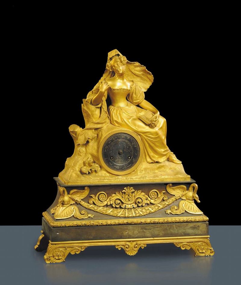 Pendola da tavolo in bronzo dorato raffigurante dama, Francia XIX secolo  - Auction Antiquariato, Argenti e Dipinti Antichi - Cambi Casa d'Aste