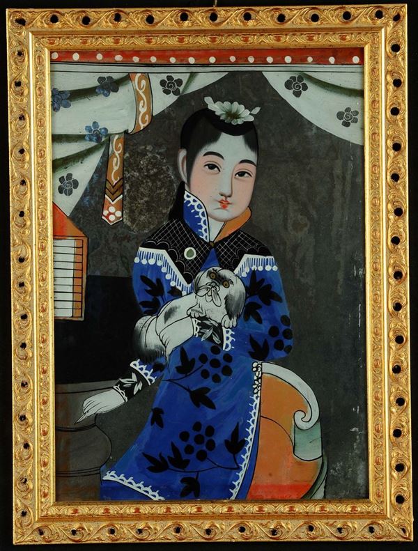 Dipinto su specchio raffigurante bambina, Cina XX secolo