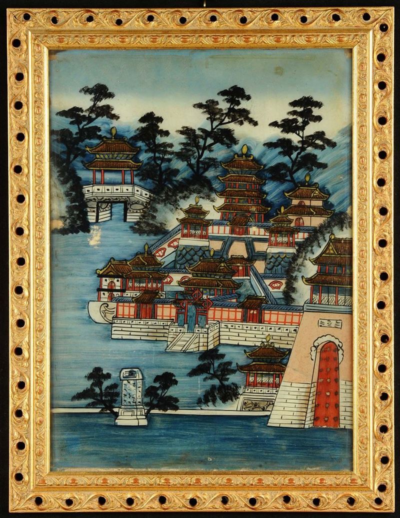 Dipinto su specchio raffigurante paesaggio, Cina XX secolo  - Auction Oriental Art - Cambi Casa d'Aste