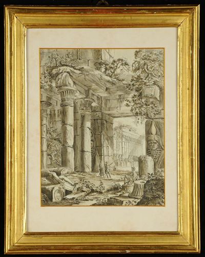 Disegno Acquerellato Raffigurante Rovine con Personaggi