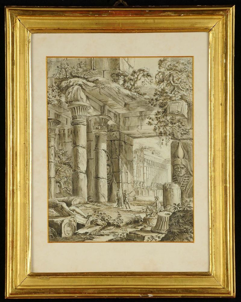 Disegno acquerellato raffigurante rovine con personaggi  - Auction Antiquariato, Argenti e Dipinti Antichi - Cambi Casa d'Aste