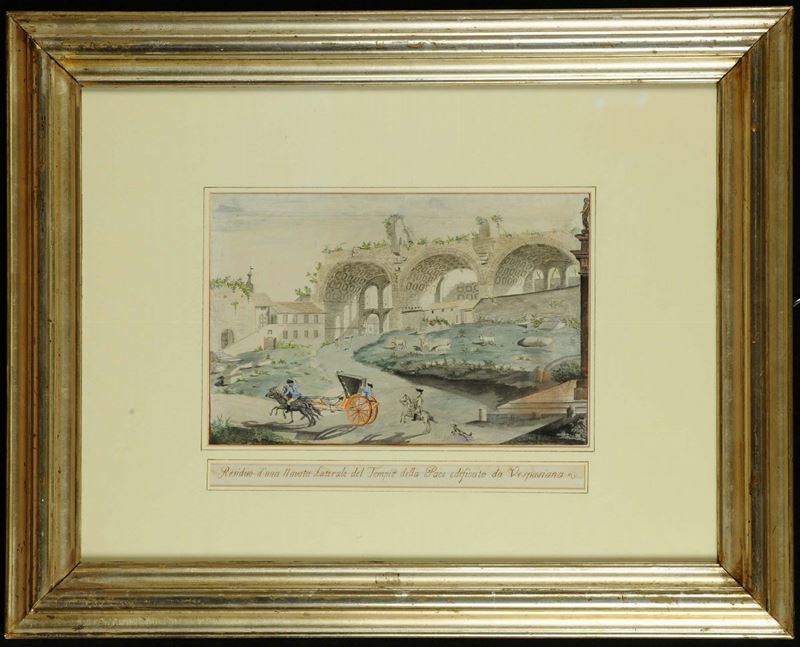 Disegno acquerellato raffigurante le rovine di una navata laterale del Tempio della Pace, XIX secolo  - Asta Antiquariato, Argenti e Dipinti Antichi - Cambi Casa d'Aste