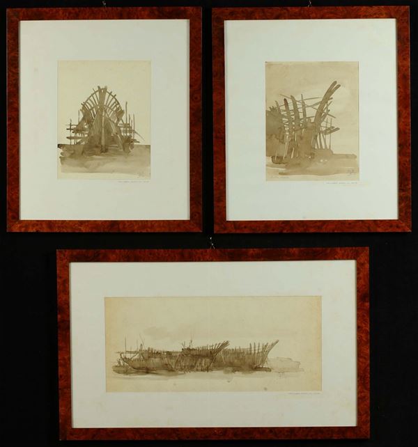 Sei acqueforti firmate diverse raffiguranti imbarcazioni in costruzione, XIX secolo