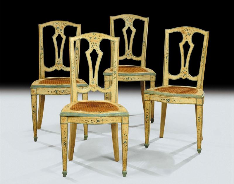 Quattro sedie Luigi XVI laccate, XVIII secolo  - Asta Antiquariato e Dipinti Antichi - Cambi Casa d'Aste
