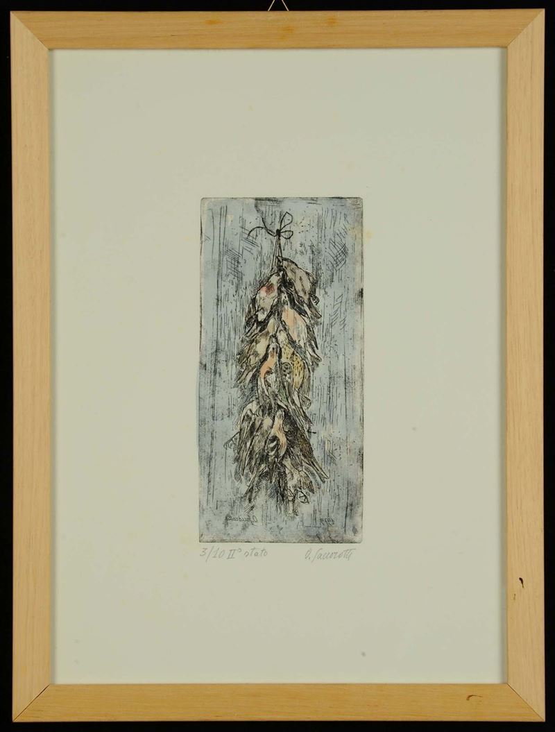 Oscar Saccorotti (1898-1986) Undici uccelletti appesi n° 1, 1979  - Asta Dipinti del XIX e XX secolo - II - Cambi Casa d'Aste
