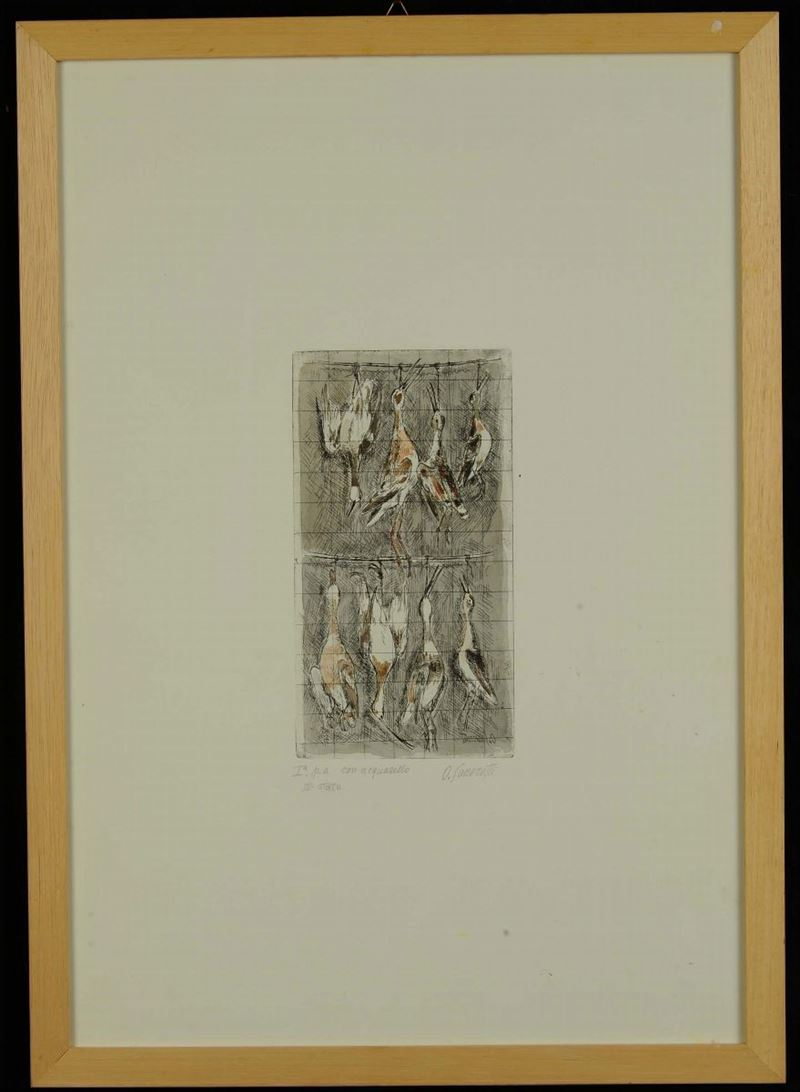 Oscar Saccorotti (1898-1986) Otto uccelli palustri appesi a canne, 1979  - Asta Dipinti del XIX e XX secolo - II - Cambi Casa d'Aste