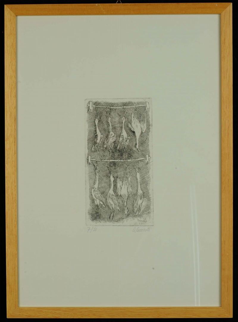 Oscar Saccorotti (1898-1986) Otto uccelli palustri appesi su due canne, 1979  - Auction 19th and 20th century paintings - II - Cambi Casa d'Aste