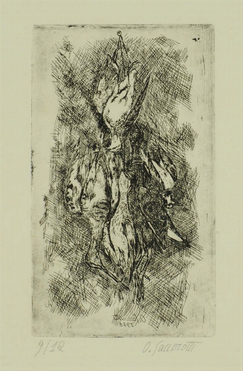 Oscar Saccorotti (1898-1986) Gruppo di uccelli appesi, 1976  - Asta Dipinti del XIX e XX secolo - II - Cambi Casa d'Aste
