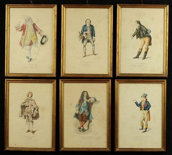 Lotto di sei stampe francesi raffiguranti personaggi