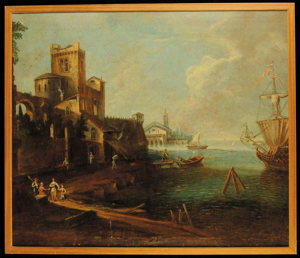 Scuola della fine del XVIII secolo Velieri in entrata in un porto Veliero in uscita da un porto