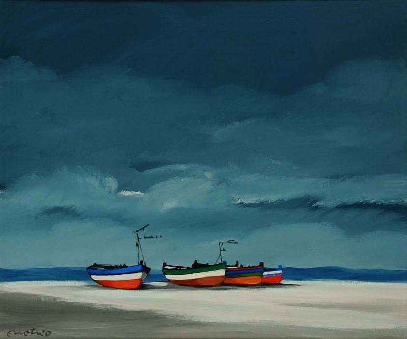 Enotrio Pugliese (1920-1989) Spiaggia  - Asta Dipinti del XIX e XX secolo - II - Cambi Casa d'Aste