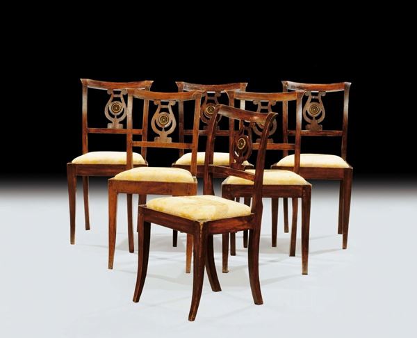 Sei sedie in noce, Reggio Emilia XIX secolo