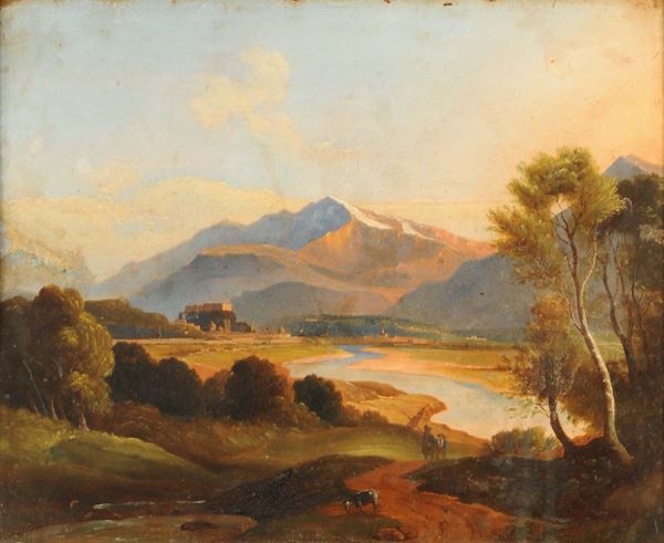 Anonimo Francese del XIX secolo Paesaggio con armenti e figure