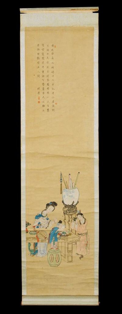 Rotolo Dipinto con Poesia e Personaggi, Cina Dinastia Qing