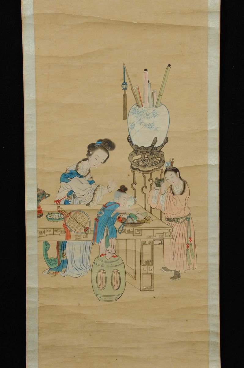 Rotolo Dipinto con Poesia e Personaggi, Cina Dinastia Qing