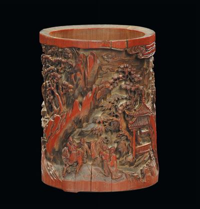 Contenitore Portapennelli in Bamboo Riccamente Inciso, Cina, Dinastia Qing, XIX Secolo