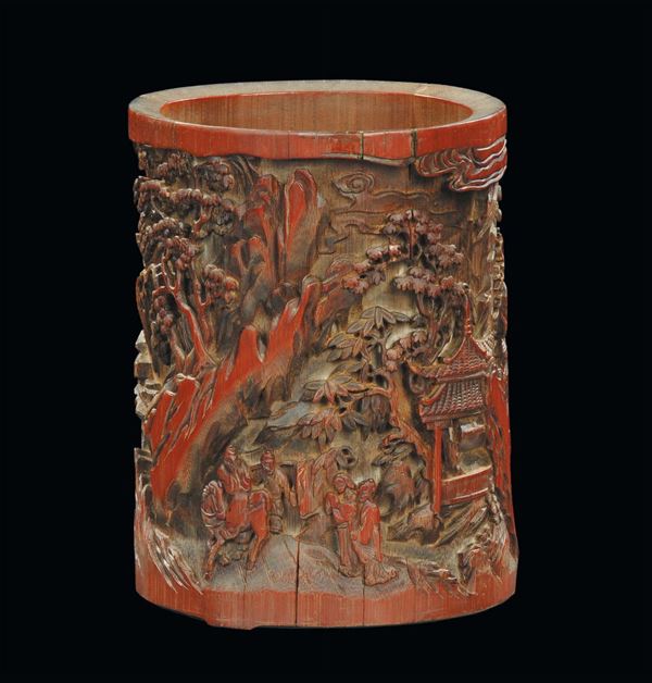 Brush holder bamboo container richly carved, China, Qing Dynasty, 19th century Decoration with people and village, h cm 18, diameter cm 14,5