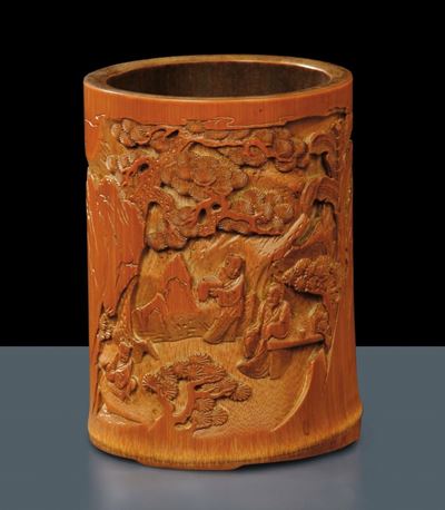 Scatola di Bambù con Intaglio di Paesaggio Montano con Personaggi Sotto Albero, Cina Dinastia Qin...