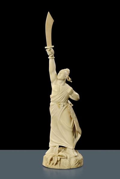Statua di Guerriero con Scimitarra in Avorio, Cina XX Secolo