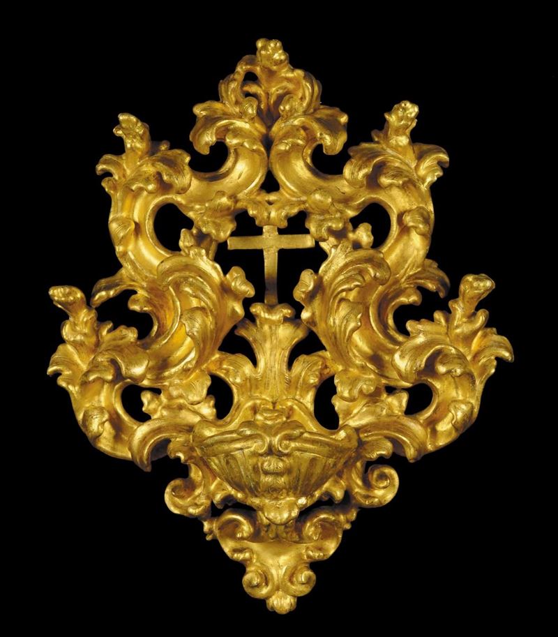 Acquasantiera in legno intagliato e dorato, Roma XVIII secolo  - Asta Antiquariato, Argenti e Dipinti Antichi - Cambi Casa d'Aste