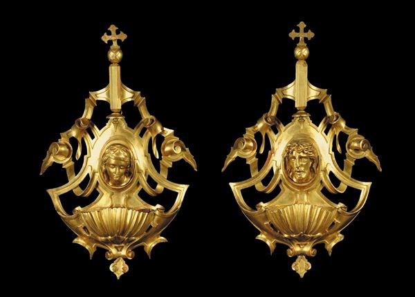 Coppia di acquasantiere in legno intagliato e dorato, Firenze XVIII secolo