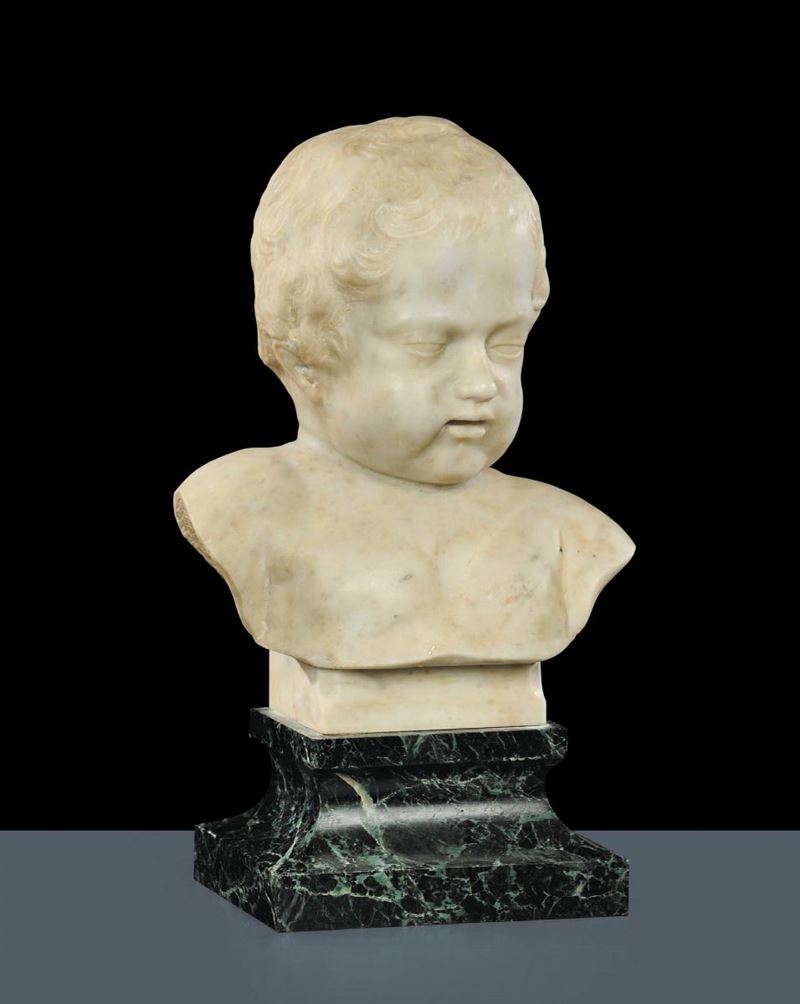 Bustino di bimbo in marmo bianco, Roma XVIII secolo  - Asta Antiquariato, Argenti e Dipinti Antichi - Cambi Casa d'Aste