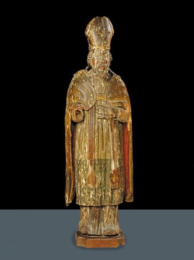Scultura Lignea Raffigurante Vescovo, Italia Centrale XVII Secolo