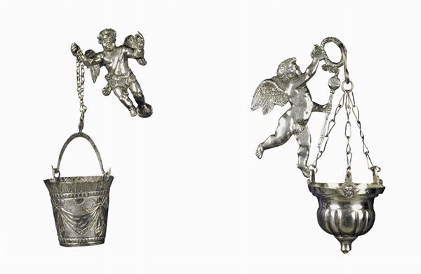 Due putti in argento con secchiello, Italia XVIII-XIX secolo
