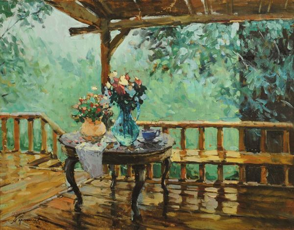 Sergei Gerasimov (1885-1964) Terrazza con tavolo e vasi di fiori